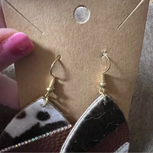 Hair On Hide Faux Leather Jeweled Teardrop Dangle Drop Earrings - Picture 4 of 10